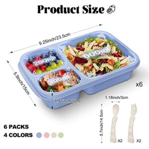 6 Pack Lunch Containers for Kids, 3 Compartment Bento Lunch Box, Reusable Food Storage Bento Box Meal Prep Containers for School, Work and Travel with Forks and Spoons