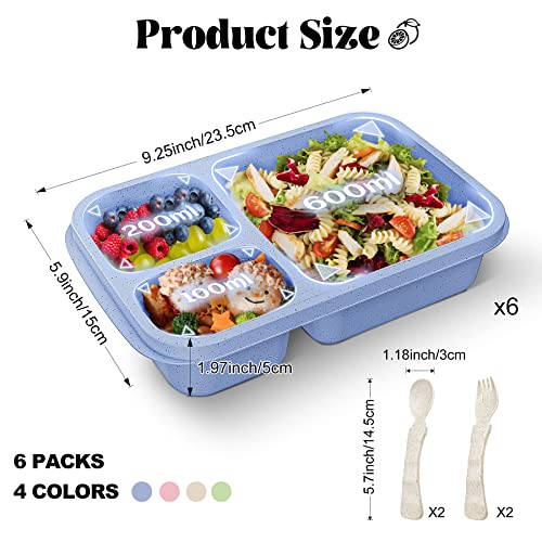 6 Pack Lunch Containers for Kids, 3 Compartment Bento Lunch Box, Reusable Food Storage Bento Box Meal Prep Containers for School, Work and Travel with Forks and Spoons