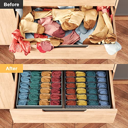 DIMJ Sock Drawer Organizers, Underwear Organizers with 72-Cell, Dresser Drawer Organizers for Clothing, Closet Organizers and Storage Boxes for Socks, Ties, Belts, 3 Packs (Grey)