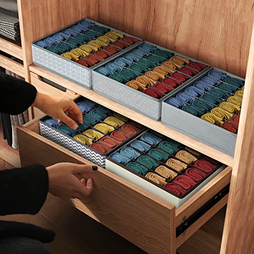 DIMJ Sock Drawer Organizers, Underwear Organizers with 72-Cell, Dresser Drawer Organizers for Clothing, Closet Organizers and Storage Boxes for Socks, Ties, Belts, 3 Packs (Grey)