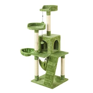 kzlaa 54in cat tree cat tower condo furniture scratch post with natural sisal rope, hammock & cradle for cats kittens, tall cat climbing stand with plush perch & toys (green)