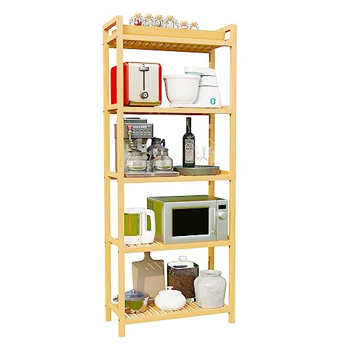 Bamboo Bathroom Shelf, 5-Tier Narrow Freestanding Tower Storage Shelves Adjustable Bookshelf Bookcase Unit for Bathroom/Living Room/Bedroom/Kitchen/Laundry Room, Easy Assembly,Natural