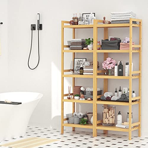 Bamboo Bathroom Shelf, 5-Tier Narrow Freestanding Tower Storage Shelves Adjustable Bookshelf Bookcase Unit for Bathroom/Living Room/Bedroom/Kitchen/Laundry Room, Easy Assembly,Natural