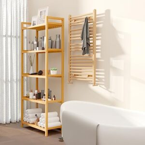 Bamboo Bathroom Shelf, 5-Tier Narrow Freestanding Tower Storage Shelves Adjustable Bookshelf Bookcase Unit for Bathroom/Living Room/Bedroom/Kitchen/Laundry Room, Easy Assembly,Natural