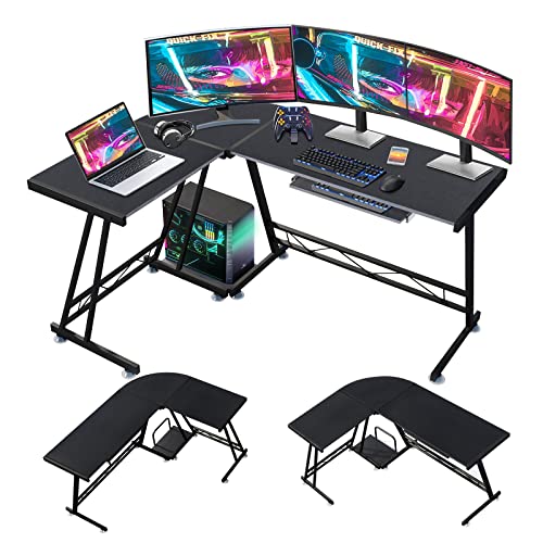 dreamlify Reversible L-Shaped Modern Gaming Pull-Out Keyboard Tray Corner CPU Stand Computer Desk for Home Office Workstation Space Saving, Black