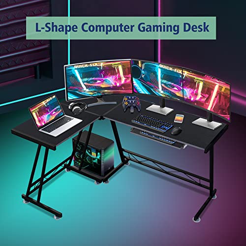 dreamlify Reversible L-Shaped Modern Gaming Pull-Out Keyboard Tray Corner CPU Stand Computer Desk for Home Office Workstation Space Saving, Black