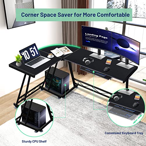 dreamlify Reversible L-Shaped Modern Gaming Pull-Out Keyboard Tray Corner CPU Stand Computer Desk for Home Office Workstation Space Saving, Black