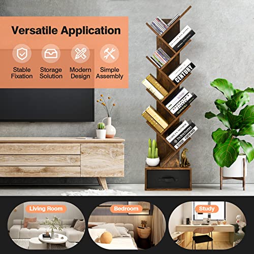 Tangkula 10 Tier Tree Bookshelf with Drawer, Floor Standing Storage Rack for CDs, Movies & Books, Display Utility Organizer Shelves for Bedroom, Living Room & Home Office (Rustic Brown)