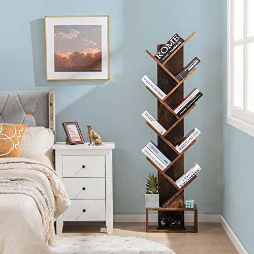 Tangkula 10 Tier Tree Bookshelf with Drawer, Floor Standing Storage Rack for CDs, Movies & Books, Display Utility Organizer Shelves for Bedroom, Living Room & Home Office (Rustic Brown)