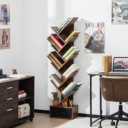 Tangkula 10 Tier Tree Bookshelf with Drawer, Floor Standing Storage Rack for CDs, Movies & Books, Display Utility Organizer Shelves for Bedroom, Living Room & Home Office (Rustic Brown)