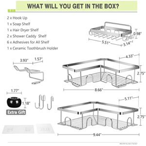 JOFUNBEAU Corner Shower Shelf for Inside Shower,3-Pack Adhesive Shower Organizer with Soap Holder&2 Hooks&Hairdryer Shelf,Rustproof Shower Caddy Shelves Rack for Bathroom Kitchen Storage(Chrome)