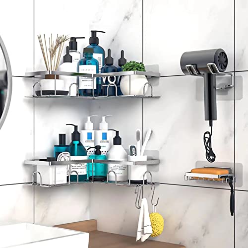 JOFUNBEAU Corner Shower Shelf for Inside Shower,3-Pack Adhesive Shower Organizer with Soap Holder&2 Hooks&Hairdryer Shelf,Rustproof Shower Caddy Shelves Rack for Bathroom Kitchen Storage(Chrome)