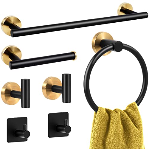 DYRECELVE Bathroom Hardware Set 7 Pieces, Towel Bar Set Stainless Steel Wall Mounted, Includes 16In Towel Rack, 4 Robe Towel Hooks,Toilet Paper Holder, Towel Ring, Black Gold Bathroom Accessories Kit