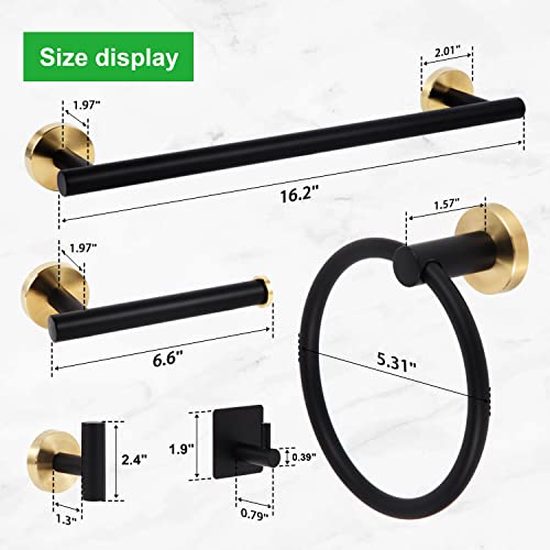 DYRECELVE Bathroom Hardware Set 7 Pieces, Towel Bar Set Stainless Steel Wall Mounted, Includes 16In Towel Rack, 4 Robe Towel Hooks,Toilet Paper Holder, Towel Ring, Black Gold Bathroom Accessories Kit