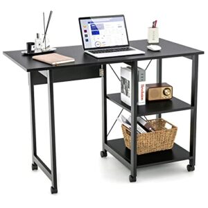 tangkula folding computer desk, modern writing table w/ 2-tier storage shelves, pc laptop study table workstation w/ 6 wheels, space saving compact home office desk for small apartment (black)