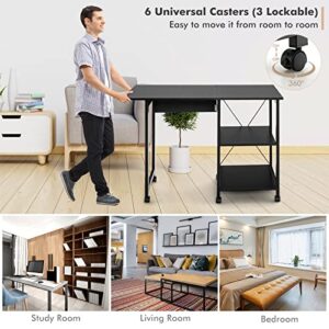 Tangkula Folding Computer Desk, Modern Writing Table w/ 2-Tier Storage Shelves, PC Laptop Study Table Workstation w/ 6 Wheels, Space Saving Compact Home Office Desk for Small Apartment (Black)
