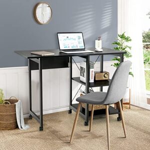 Tangkula Folding Computer Desk, Modern Writing Table w/ 2-Tier Storage Shelves, PC Laptop Study Table Workstation w/ 6 Wheels, Space Saving Compact Home Office Desk for Small Apartment (Black)