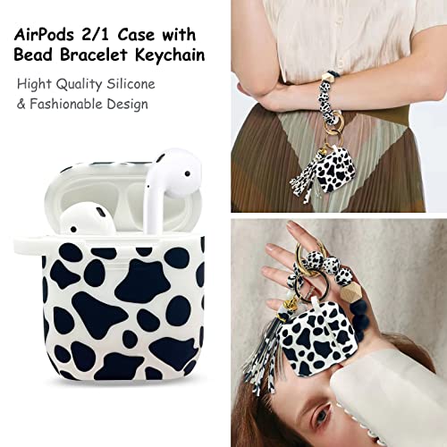 KOUJAON AirPods Case, Silicone Protective Case Cover with Beaded Bracelet Keychain Compatible with Apple AirPods 2nd 1st Generation Charging Case (Cow)