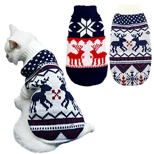 Vehomy 2Pcs Pet Puppy Christmas Sweaters Cat Sweater Kitten Knitwear Dog Xmas Clothes Navy Blue and Christmas White Sweaters with Reindeers Snowflakes Pattern for Kitten Cat Puppy Dog S