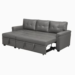 Reversible Sectional Sleeper Sofa with Pull Out Bed, Sleeper Sectional Sofa Bed Couch with Storage Chaise, Pull Out Couch Bed Sleeper Sofa Cama, L-Shape Full Size Pull Out Sofa - Gray / Air Leather