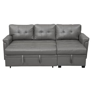 Reversible Sectional Sleeper Sofa with Pull Out Bed, Sleeper Sectional Sofa Bed Couch with Storage Chaise, Pull Out Couch Bed Sleeper Sofa Cama, L-Shape Full Size Pull Out Sofa - Gray / Air Leather