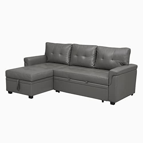 Reversible Sectional Sleeper Sofa with Pull Out Bed, Sleeper Sectional Sofa Bed Couch with Storage Chaise, Pull Out Couch Bed Sleeper Sofa Cama, L-Shape Full Size Pull Out Sofa - Gray / Air Leather