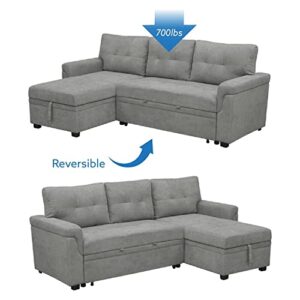 Reversible Sectional Sleeper Sofa with Pull Out Bed, Sleeper Sectional Sofa Bed Couch with Storage Chaise, Pull Out Couch Bed Sleeper Sofa Cama, L-Shape Full Size Pull Out Sofa - Gray / Air Leather