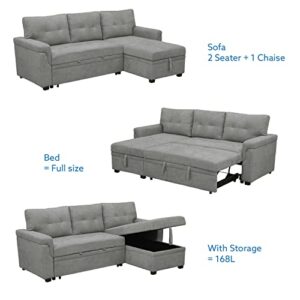 Reversible Sectional Sleeper Sofa with Pull Out Bed, Sleeper Sectional Sofa Bed Couch with Storage Chaise, Pull Out Couch Bed Sleeper Sofa Cama, L-Shape Full Size Pull Out Sofa - Gray / Air Leather