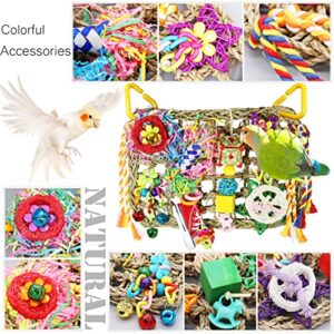 Bird Parakeet Cockatiel Toys, PBIEHSR Bird Foraging Toys Seagrass Woven Climbing Hanging Mat Bird Chewing Toys Perch with Shredder for Lovebird Finch Budgies Conures