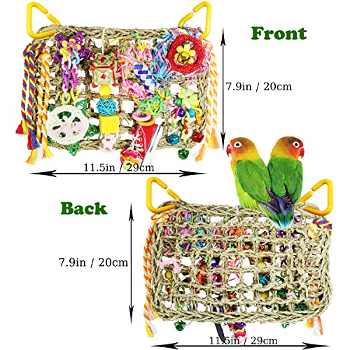 Bird Parakeet Cockatiel Toys, PBIEHSR Bird Foraging Toys Seagrass Woven Climbing Hanging Mat Bird Chewing Toys Perch with Shredder for Lovebird Finch Budgies Conures