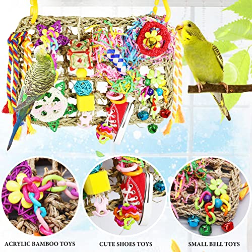 Bird Parakeet Cockatiel Toys, PBIEHSR Bird Foraging Toys Seagrass Woven Climbing Hanging Mat Bird Chewing Toys Perch with Shredder for Lovebird Finch Budgies Conures