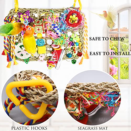 Bird Parakeet Cockatiel Toys, PBIEHSR Bird Foraging Toys Seagrass Woven Climbing Hanging Mat Bird Chewing Toys Perch with Shredder for Lovebird Finch Budgies Conures