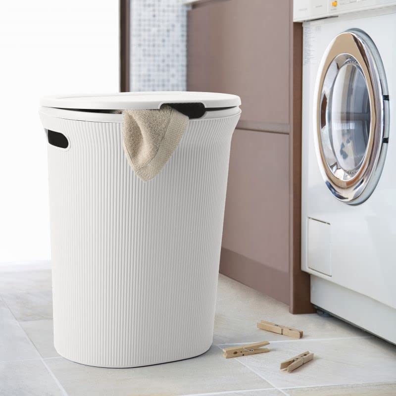 Superio Ribbed Collection - Decorative Plastic Laundry Hamper with Lid and Cut-Out Handles, White (1 Pack) Basket Organzier for Bedroom Bathroom College Dorm Room 40 Liter