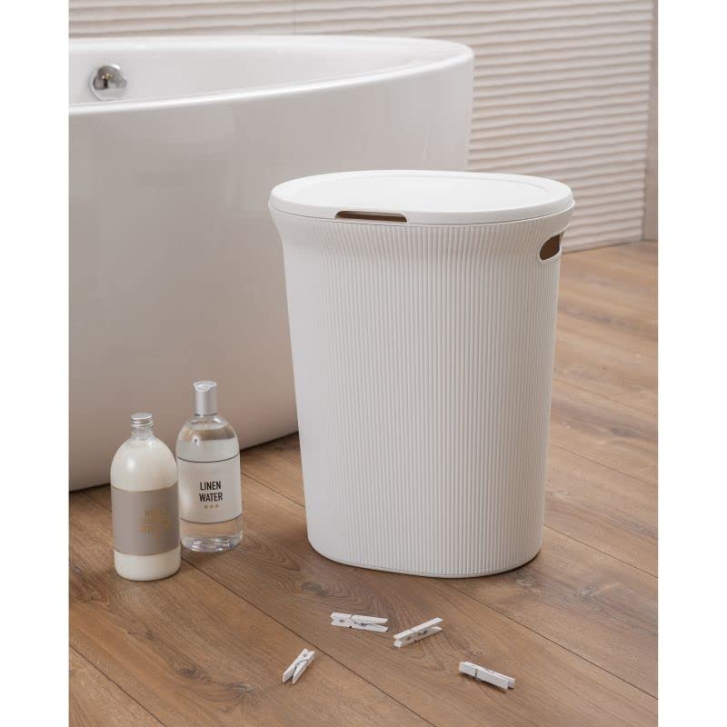 Superio Ribbed Collection - Decorative Plastic Laundry Hamper with Lid and Cut-Out Handles, White (1 Pack) Basket Organzier for Bedroom Bathroom College Dorm Room 40 Liter