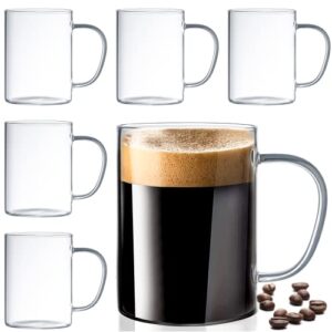 set of 6 ultra durable sleek glass coffee mugs with handle, clear borosilicate glass teacups, coffee cups for cappuccino, latte, tea, espresso, hot beverage, dishwasher & microwave safe