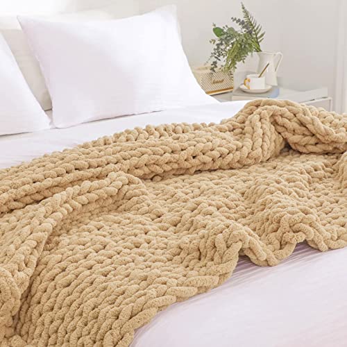 YAAPSU Chunky Knit Blanket Throw 51"x63", Soft Jumbo Chenille Throw Blanket, 100% Hand Knitted Throw Blankets for Couch Bed, Big Thick Yarn Cable Knit Blanket, Large Rope Knot Crochet Blanket (Tan)