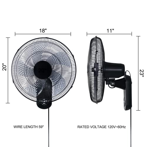 SLEE Wall Mount Fan Oscillating 18 Inch 3 Speed Indoor Outdoor with Remote Control Strong Wind