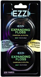 ezzi woven expanding dental floss | naturally waxed & textured w/charcoal & xylitol to optimally clean gums | mint | thick & 109 yards