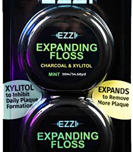 EZZI Woven Expanding Dental Floss | Naturally Waxed & Textured w/Charcoal & Xylitol to Optimally Clean Gums | Mint | Thick & 109 Yards