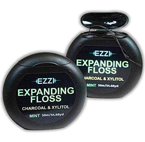 EZZI Woven Expanding Dental Floss | Naturally Waxed & Textured w/Charcoal & Xylitol to Optimally Clean Gums | Mint | Thick & 109 Yards