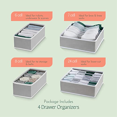 RUBOXA Dresser Organizer - Set of 4 Drawer Organizers for Clothing, Bra and Underwear Organizer Bins for Bedroom Organization, Breathable, Easy Assemble, Foldable, for Lingerie, Sock, Tie ETC. (GREY)