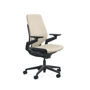 steelcase gesture office chair - era oatmeal fabric, medium seat height, shell back, black on black frame, lumbar support, and hard floor casters
