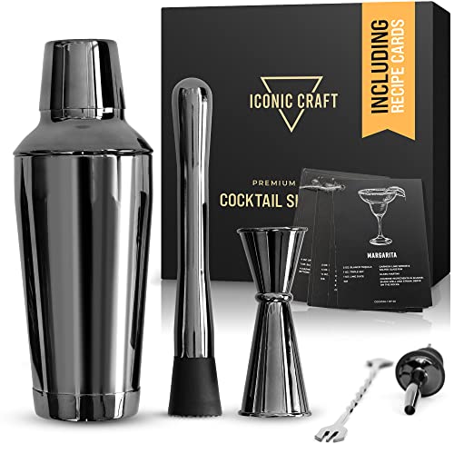 Iconic Craft | Premium Cocktail Shaker Set with Premium Gift Box, 5 Piece Cocktail Shaker Set with Recipe Cards, Bartender Shaker Kit, Home Bartending Set