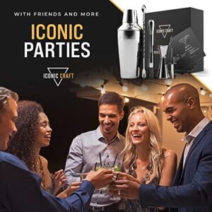 Iconic Craft | Premium Cocktail Shaker Set with Premium Gift Box, 5 Piece Cocktail Shaker Set with Recipe Cards, Bartender Shaker Kit, Home Bartending Set