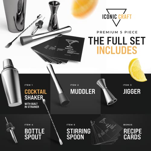 Iconic Craft | Premium Cocktail Shaker Set with Premium Gift Box, 5 Piece Cocktail Shaker Set with Recipe Cards, Bartender Shaker Kit, Home Bartending Set