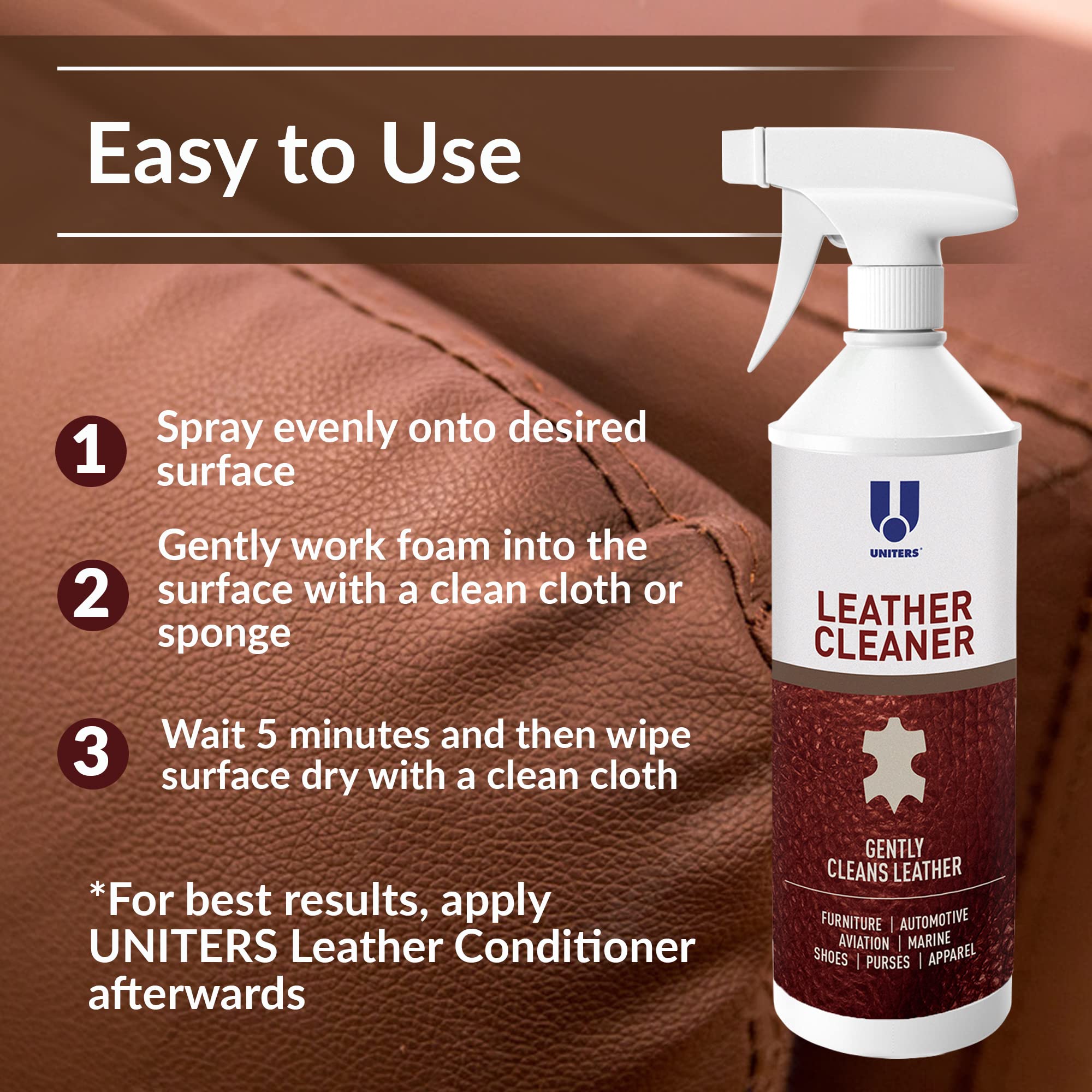 UNITERS Leather Cleaner Foam Solution - Leather Care Stain Remover & Cleaner for Car Interior - Car Leather Seat Cleaner, Faux Leather, Furniture, Handbags, Upholstery, Shoes & More 500ml 16.9 oz