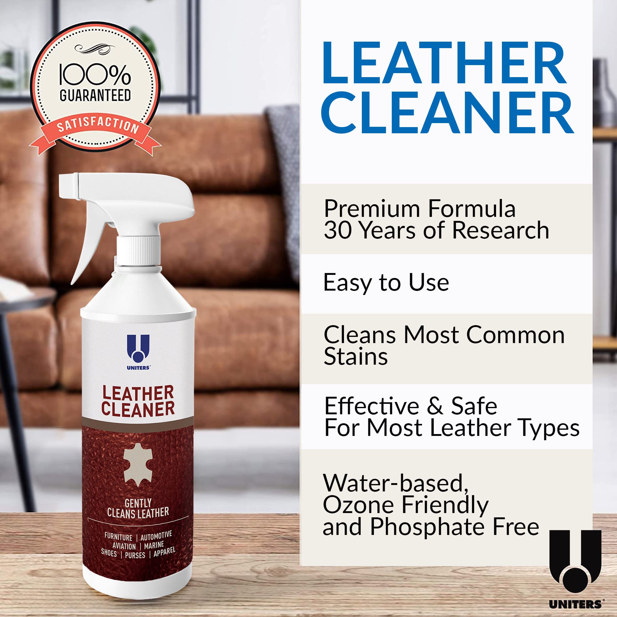 UNITERS Leather Cleaner Foam Solution - Leather Care Stain Remover & Cleaner for Car Interior - Car Leather Seat Cleaner, Faux Leather, Furniture, Handbags, Upholstery, Shoes & More 500ml 16.9 oz