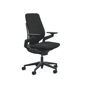 steelcase gesture office chair - cogent: connect licorice fabric, medium seat height, shell back, black on black frame, lumbar support, and standard carpet casters