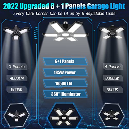 2 Pack LED Garage Light, 185W Deformable LED Garage Ceiling Lights with 6+1 Adjustable Panels 18500LM Super Bright Led Shop Lights for Garage Basement Warehouse Supermarket Fit E26/E27 Socket