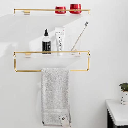 HSXJJ Rack Acrylic Shelf with Towel Bar and Rails Aluminum Extra Thick Acrylic Bathroom Rack with Towel Bar 15.7" x 4.7" (Gold)